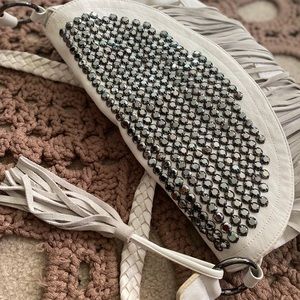 White Fringe Studded Vegan Leather Crossbody Purse